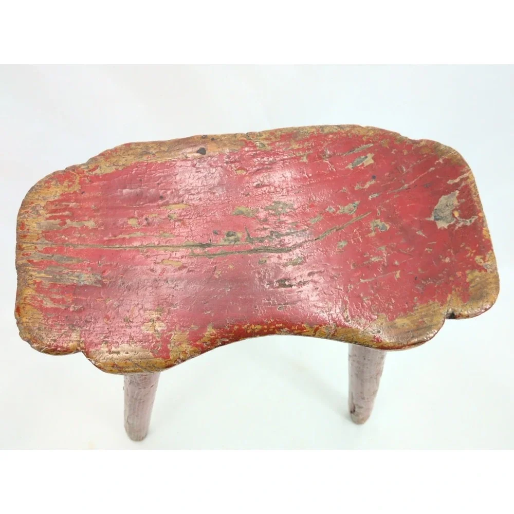 Antique Chinese Elm Red Painted Stool Chair Primitive 1900 Mortise Tenon Bench